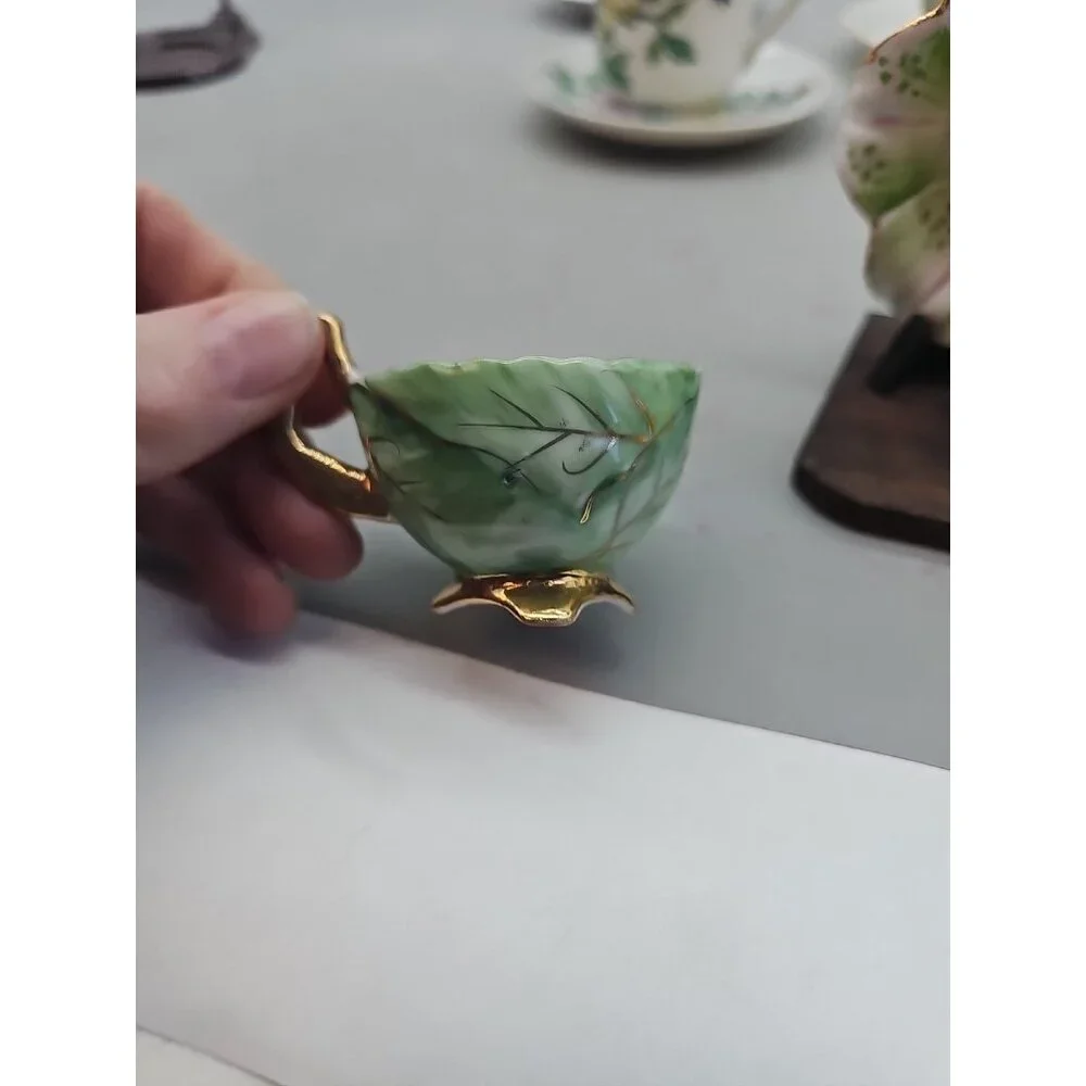 VINTAGE CUP & SAUCER ORNATE GREEN & GOLD ‎ FOOTED FLORAL JAPAN